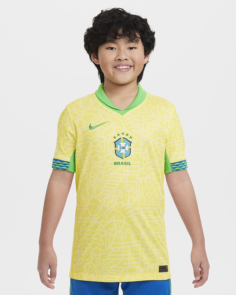 Jersey de futbol Nike Dri FIT replica de Brasil local 2024 Stadium para ninos talla grande. Nike